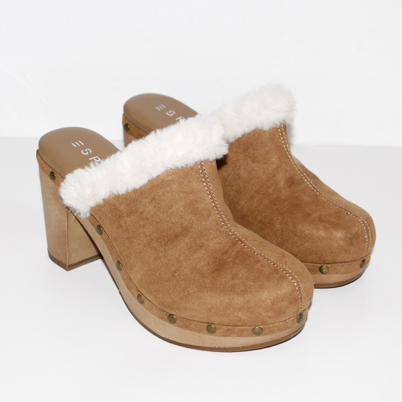 Esprit Wina Faux Fur Suede Camel Tan Clogs - Picture 2 of 7
